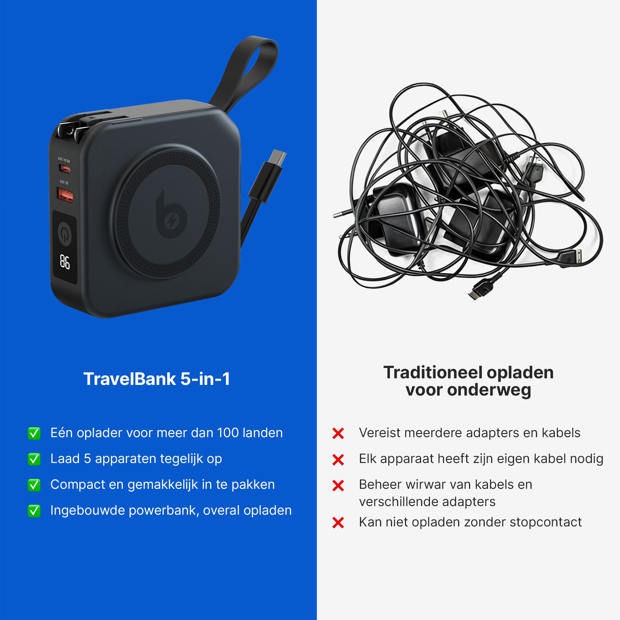 TravelBank 5-in-1 Muurlader met Draadloze Oplaadpad en Powerbank