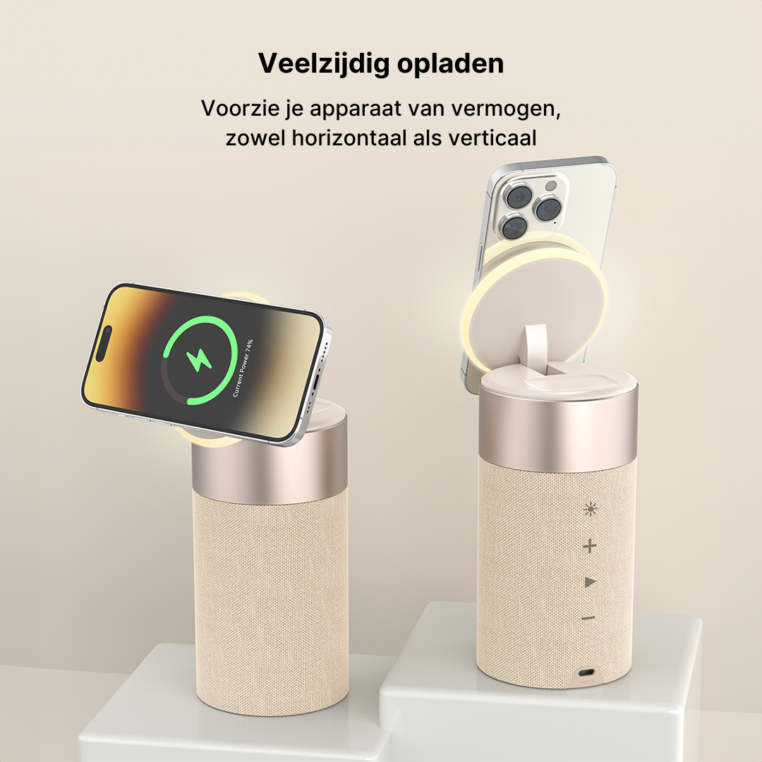 3-in-1 Draadloos Oplaadstation, Bluetooth-Luidspreker en Nachtlampje