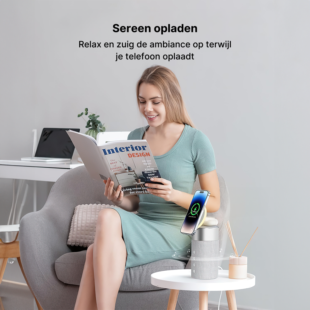 3-in-1 Draadloos Oplaadstation, Bluetooth-Luidspreker en Nachtlampje