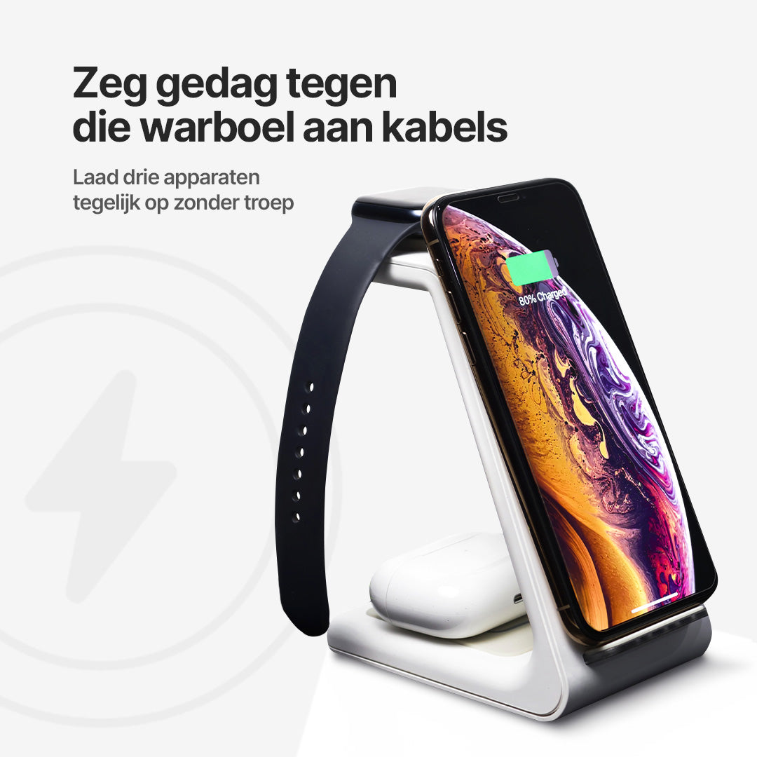 3-in-1 Draadloos Oplaadstation, Apple, Samsung, Watch, AirPods
