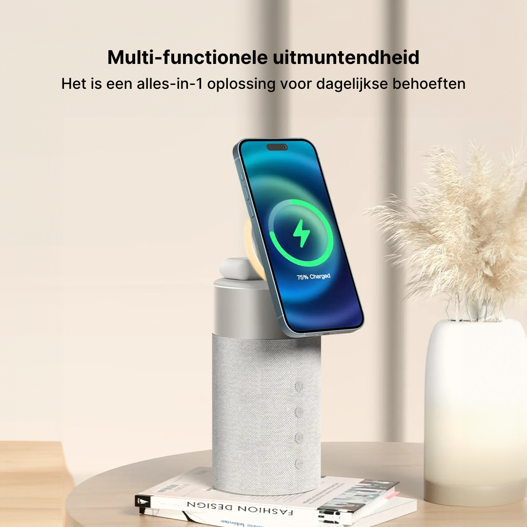 3-in-1 Draadloos Oplaadstation, Bluetooth-Luidspreker en Nachtlampje