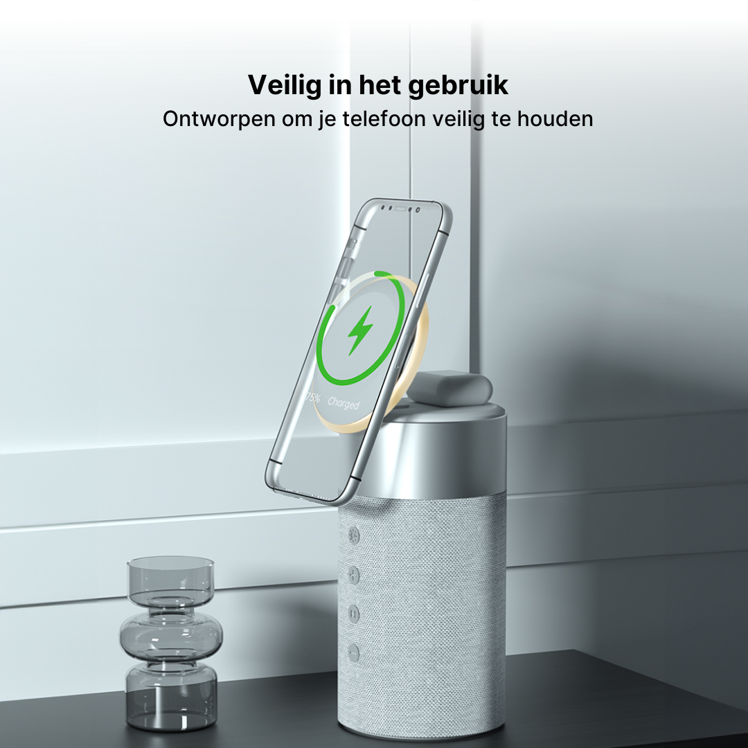 3-in-1 Draadloos Oplaadstation, Bluetooth-Luidspreker en Nachtlampje