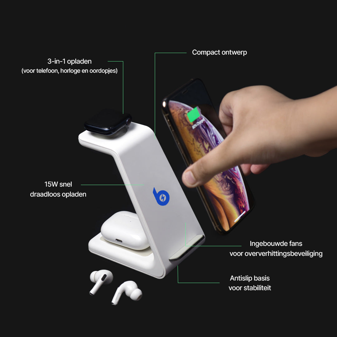 3-in-1 Draadloos Oplaadstation, Apple, Samsung, Watch, AirPods