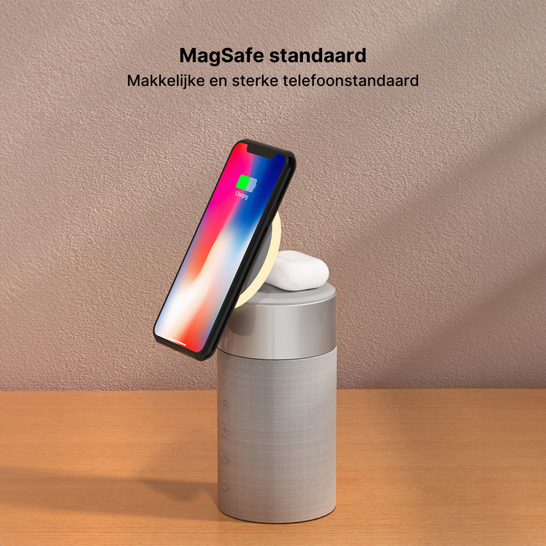 3-in-1 Draadloos Oplaadstation, Bluetooth-Luidspreker en Nachtlampje