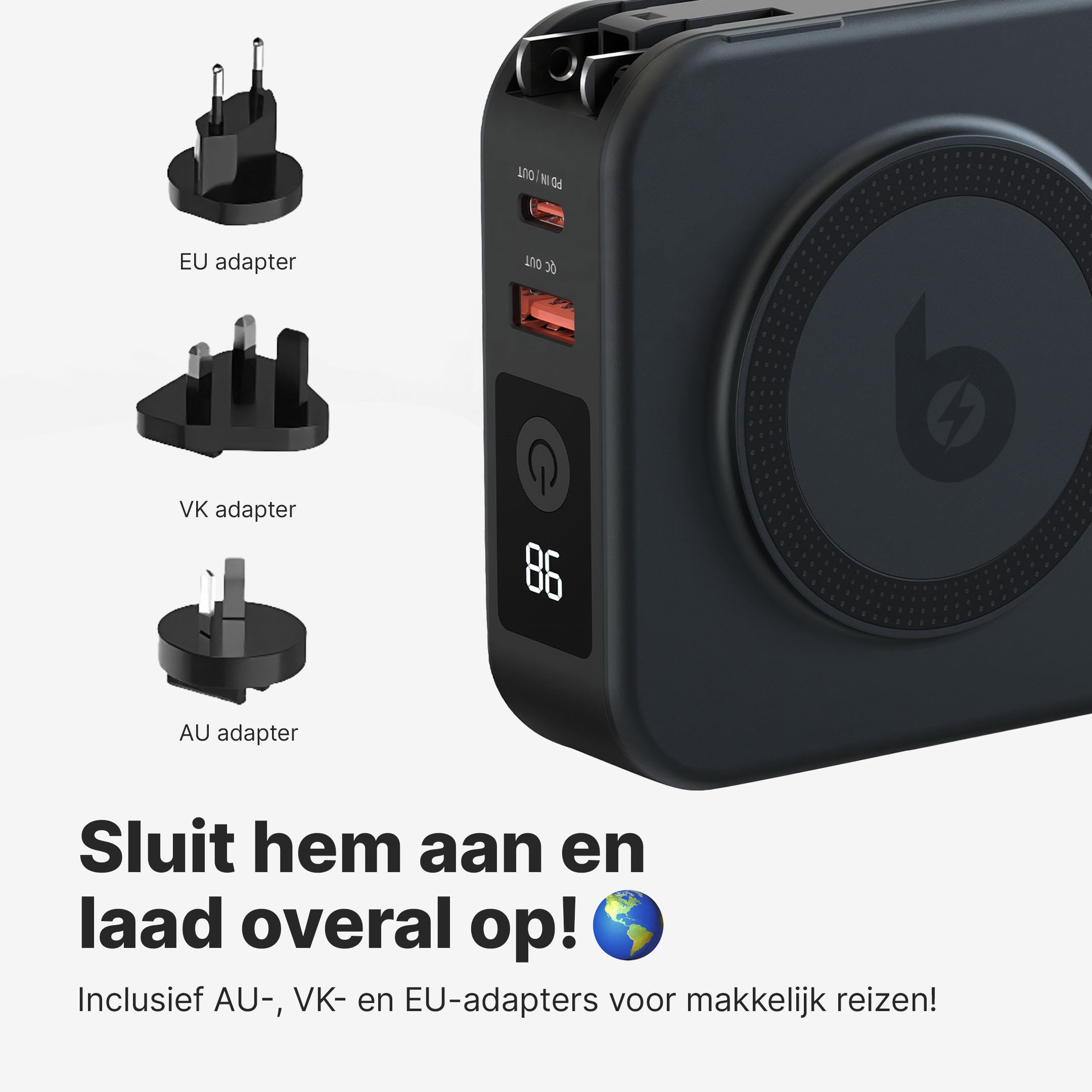 TravelBank 5-in-1 Muurlader met Draadloze Oplaadpad en Powerbank
