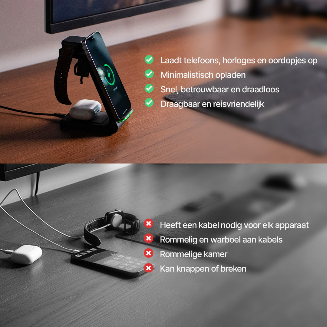 3-in-1 Draadloos Oplaadstation, Apple, Samsung, Watch, AirPods