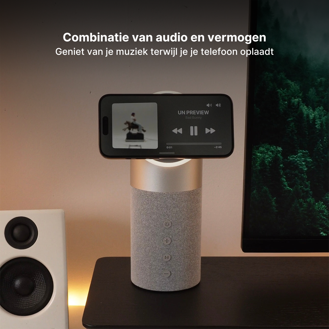 3-in-1 Draadloos Oplaadstation, Bluetooth-Luidspreker en Nachtlampje