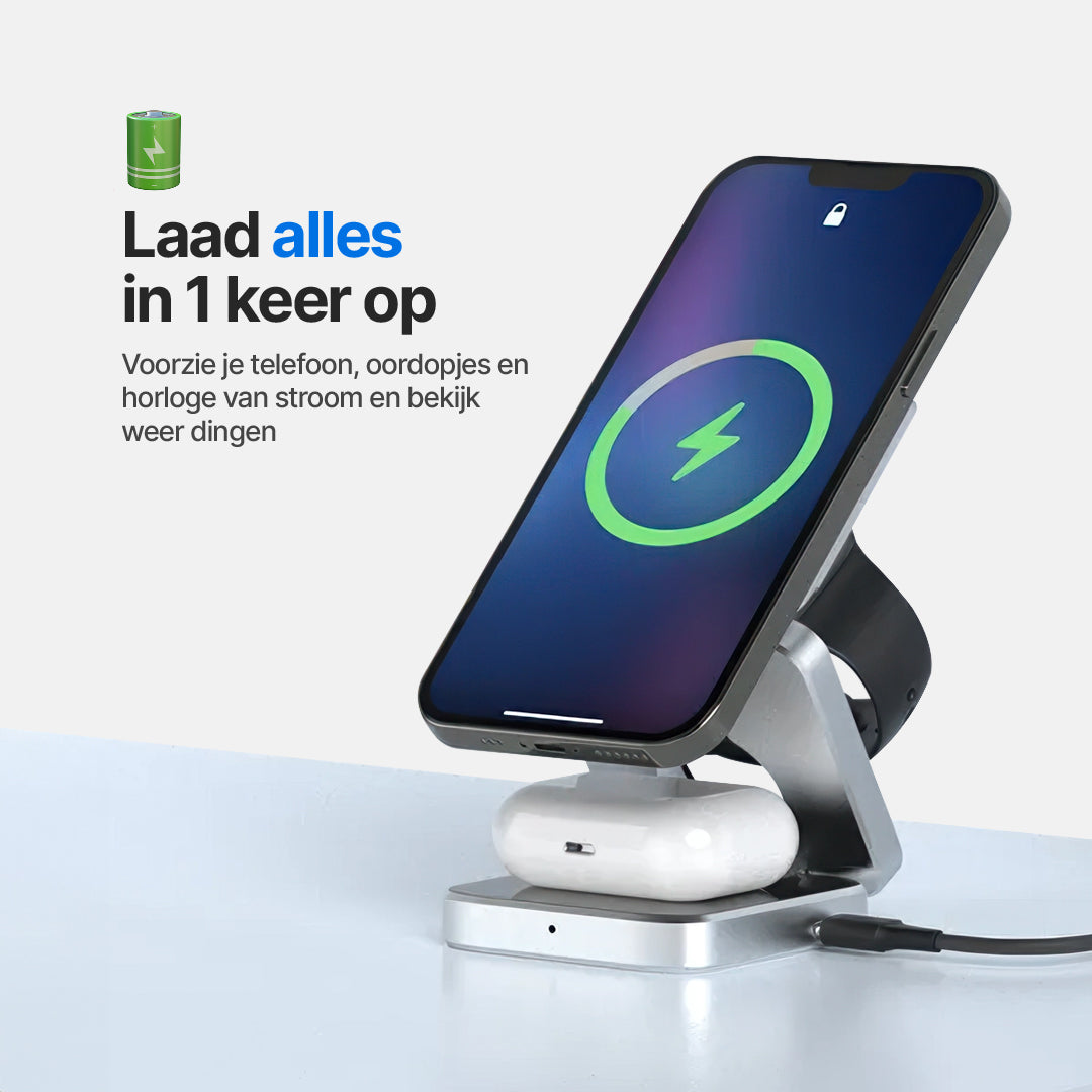 ChargeDeck 3-in-1 Opvouwbaar Draadloss Station - Voor Apple en Android