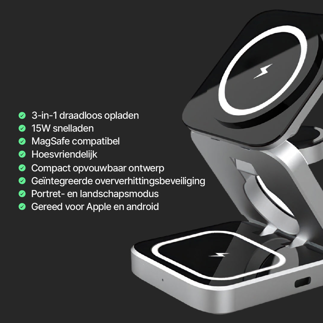 ChargeDeck 3-in-1 Opvouwbaar Draadloss Station - Voor Apple en Android